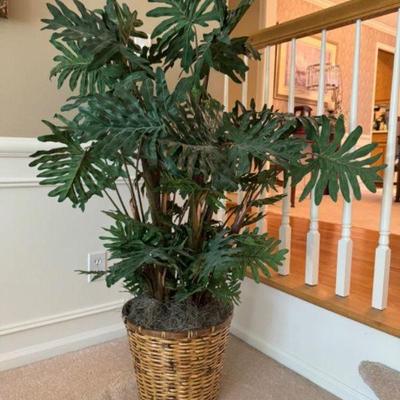Elegant Faux Split Leaf Philodendron Plant in Wicker Basket	