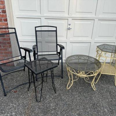 Vintage Outdoor Tables w/ Smoke Glass Tops & Folding Metal Chairs	