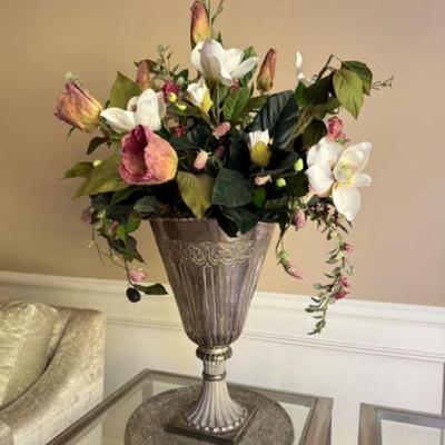 Oversized Faux Floral Arrangement in Silver-Toned Pedestal Vase	