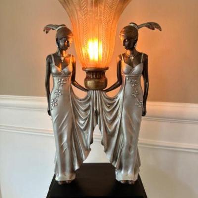Resin Art Deco Style Twin Peacock Maiden Table Lamp	