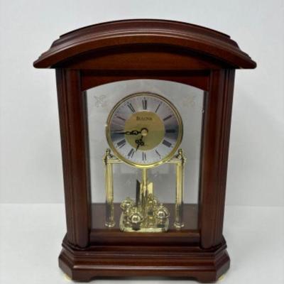 Bulova Gold-Tone Mantle Clock w/ Wooden Base & Glass Case	