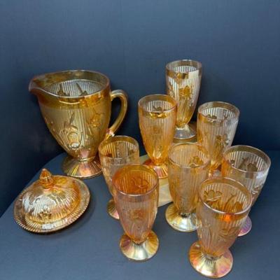 Iris & Herringbone Patterned Amber Carnival Glass Water Set -10 Pieces	