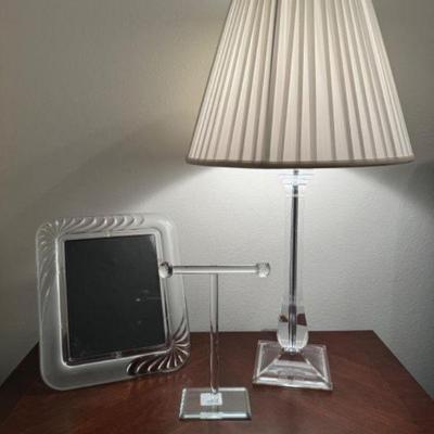 Lucite Table Lamp, Crystal Jewelry Holder, & Large Glass Picture Frame	