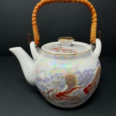 Hand-Painted Japanese Lustre Teapot w/ Dragon Motif & Wood Handle	