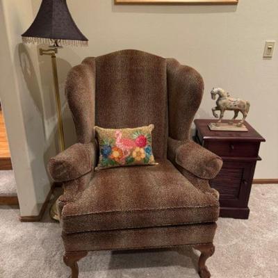 Ethan Allen Leopard Print Wingback Chair w/ Lamp, Side Table, & More	