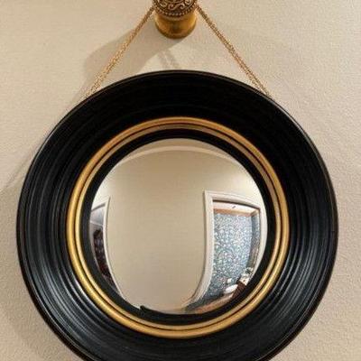 Classic French-Style Black & Gold Convex Mirror w/ Rope Detailing	