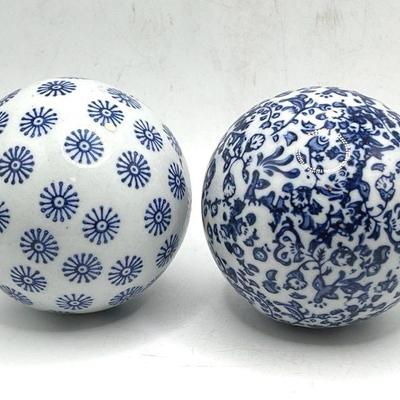 (2) Polish Pottery Style Decorative 3” Ceramic Orbs

