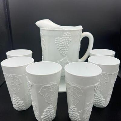 Colony Harvest Milk Glass Pitcher & (8) Cups
