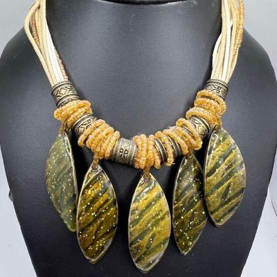 Gorgeous Vintage Beaded Tiki Enamel Jungle Leaves Necklace
