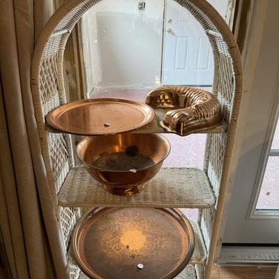 Wicker shelf and misc copper