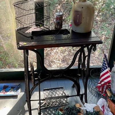 Sewing machine stand, crock jug
