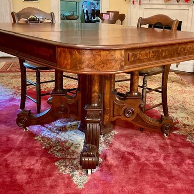 Dining table 48” square, with 6’ leaves, up to 10’