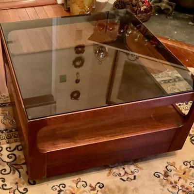 Mid century coffee table with smoked glass and drawer