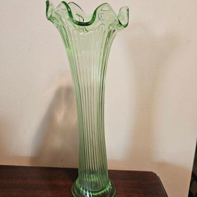 Sale Photo Thumbnail #77: Vintage green ribbed uranium glass vase