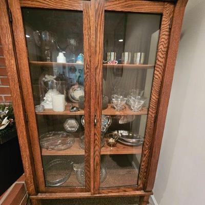 Oak china cabinet, silverplate, glassware
