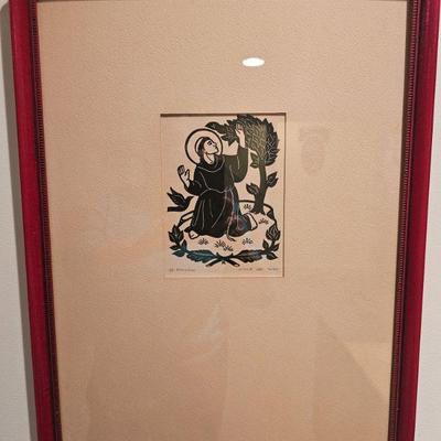 Annie Lee Ross woodcut, St. Francis, pencil signed 