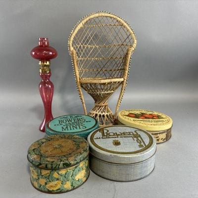 Lot 24 | Vintage Tins, Oil Lamp, & More
