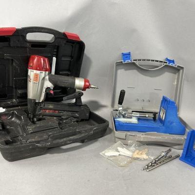 Lot 130 | Max Pneumatic Nail Gun & Kreg Jig With Accessories
