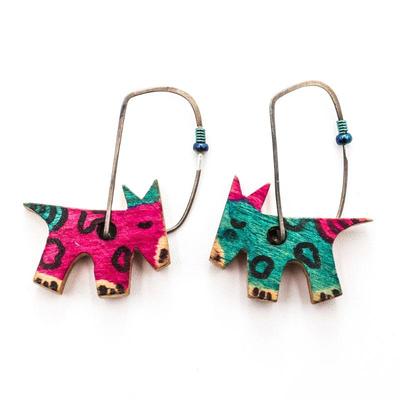 Handmade Pink & Blue Wooden Dog Earrings