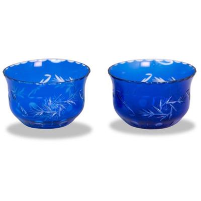 2 Vintage Bohemian Czech Sapphire Blue Glass Bowls - 4"