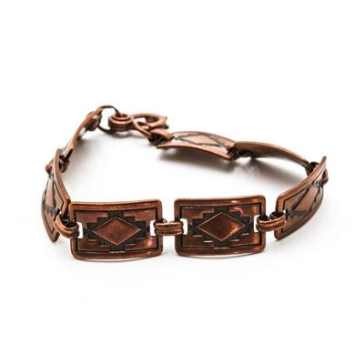Engraved Copper Southwestern Diamond Pattern Link Panel Bracelet