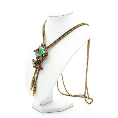 Ornate Filigree Green Glass & Gems Slider Necklace, Bracelet & Ring Set