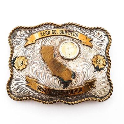 Vintage Sterling Face Belt Buckle - Kern County Gun Club - 3.5"