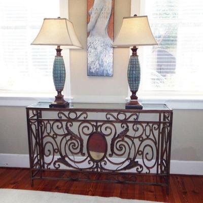 ITALY RAYMOR POTTERY BITOSSI TURQUOISE LAMPS ON SCROLLED METAL WITH MIRROR SOFA CONSOLE
