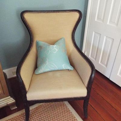 UTTMOST LINEN UPHOLSTERED DEMI WING ARM CHAIR AND MAHOGANY FRAME