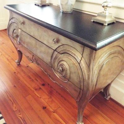 HENRY LINK GOLD WASHED PLATINUM BOMBE DRAWERED CHEST WITH OSTRICH LEATHER TOP