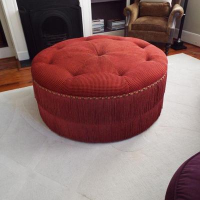 MASSIVE ROUND TUFTED OTTOMAN IN BURNT SIENNA VELVET WITH BULLION FRINGE
