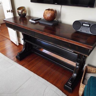 HOOKER MARQUETRY TOP TRESTLE MONASTERY CONSOLE TABLE