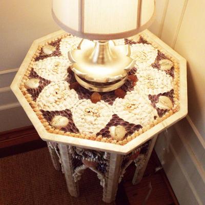 PERSIAN SIDE TABLE WITH 3-D SHELL ORNAMENTATION  WITH SILVER TALL UNIQUE LAMP
