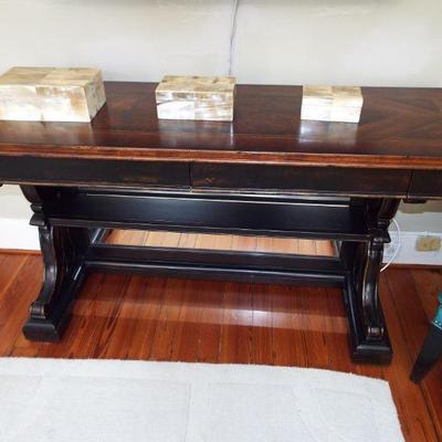 HOOKER MARQUETRY TOP TRESTLE MONASTERY CONSOLE TABLE WITH BONE COVERED BOXES