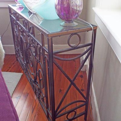 KILSMAS SCROLLED WROUGHT METAL WITH GLASS CONSOLE TABLE