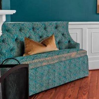 TWO AQUA BLUE AND GOLD DAMASQUE TUFTED BACK SETTEE (SOME SUN FABING ON EDGE OF SEAT ON BOTH)