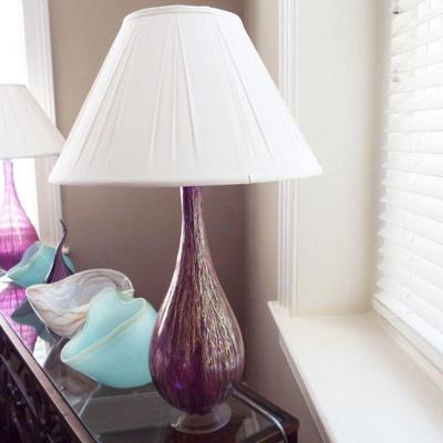 AUBERGINE VELVET CURVED AND SHAPED SOFA WITH INCREDIBLE MURANO LATTICINO ART GLASS URN SHAPED LAMPS