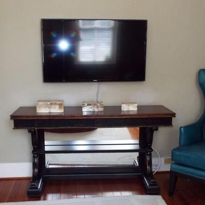HOOKER MARQUETRY TOP TRESTLE MONASTERY CONSOLE TABLE (TV NOT FOR SALE)