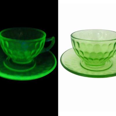 Vintage 1927-1930 Federal Glass "Thumbprint Green" Uranium Glass Cup & Saucer Set