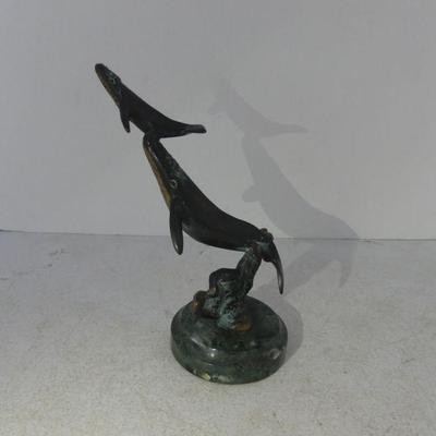 Vintage SPI (San Pacific Intnl.) Brass/Bronze on Marble Base Humpback Whale & Calf Figurine - 6¾" Tall