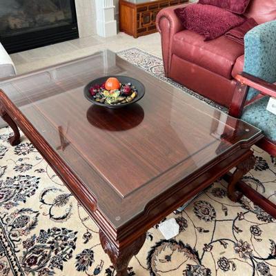 Coffee table, rug