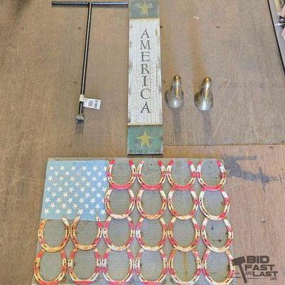 #4192 • America Wooden Sign, Horse Shoe American Flag Art & More
