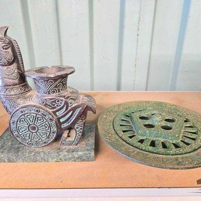 #3030 • Chinese Bronze Chicken Ash Tray & Cast Iron Incense Burner
