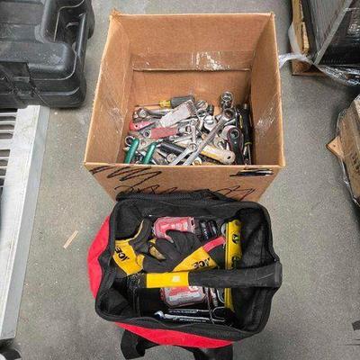 #2518 • Wrenches, Ratchets, Sockets, Hammer, Screwdrivers, Level, Drill Bits, Pliers, and Tool Bag
