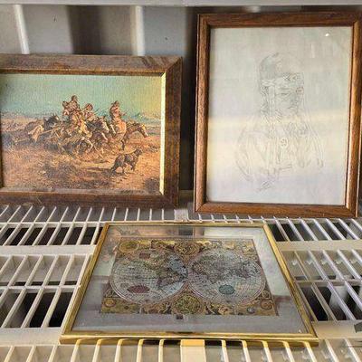 #7034 • (3) Framed Wall Art, Dream Catcher & Horse Dance Stick
