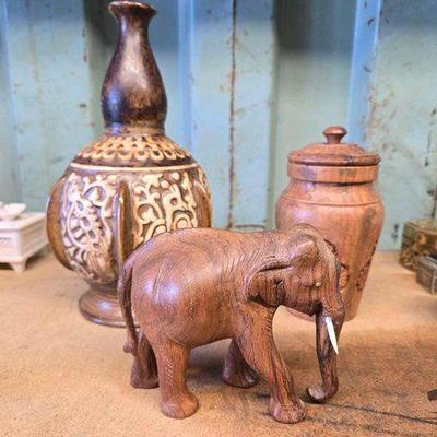 #3042 • Carved Wooden Vase, Elephant & Ceramic Vase
