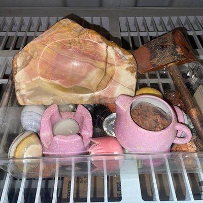 #7534 • Egg Shape Stones, Ash Tray, Pottery & Tomahawk
