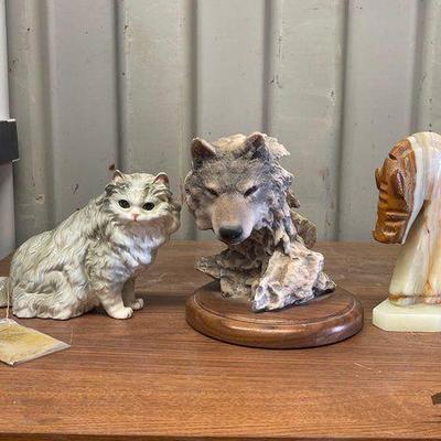 #7556 • (3) Sculptures of Cat, Wolf and Horse
