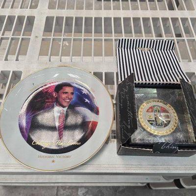 #2602 • Barack Obama Decorative Plate and County of Los Angeles 25 Years Keepsake
