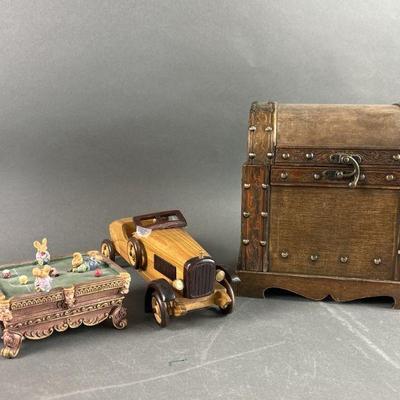 Lot 668 | Vintage Wooden Chest, Car, & Music Box
